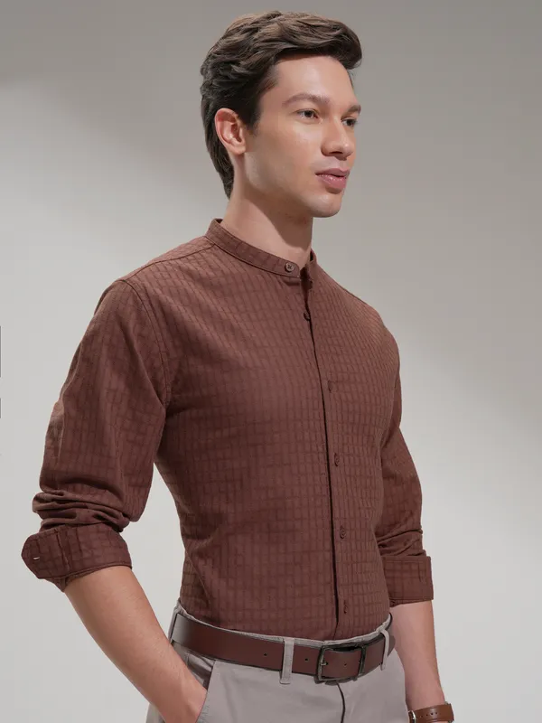 Highlander Men Brown Self Design Slim Fit Casual Shirt