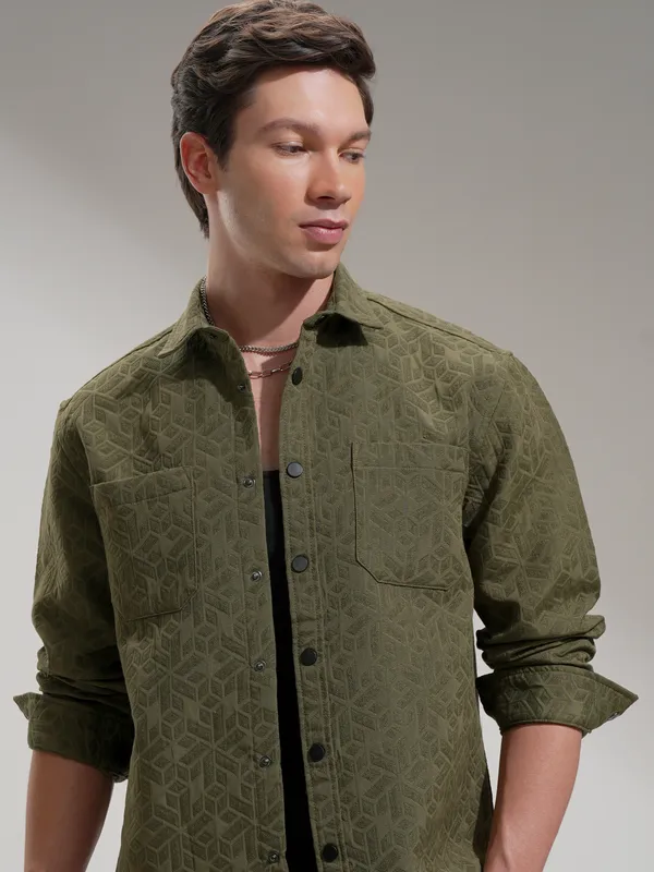 Highlander Men Olive Self Design Relaxed Fit Casual Shirt
