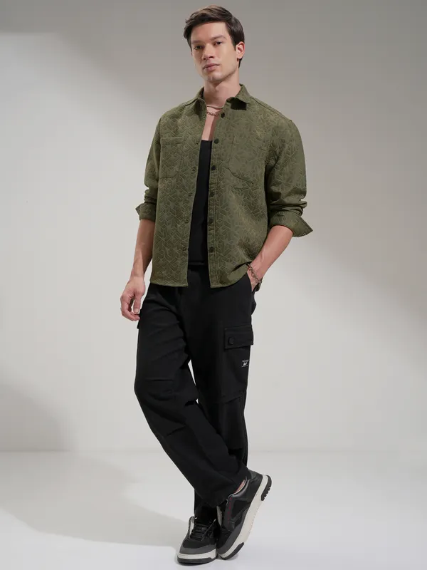 Highlander Men Olive Self Design Relaxed Fit Casual Shirt