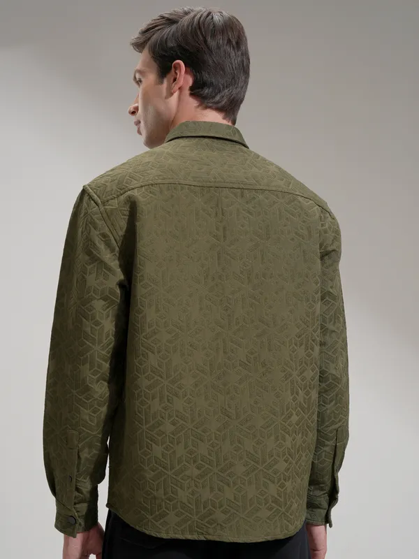 Highlander Men Olive Self Design Relaxed Fit Casual Shirt