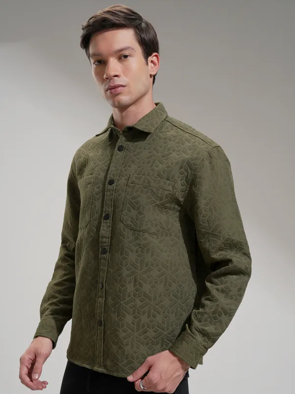 Highlander Men Olive Self Design Relaxed Fit Casual Shirt
