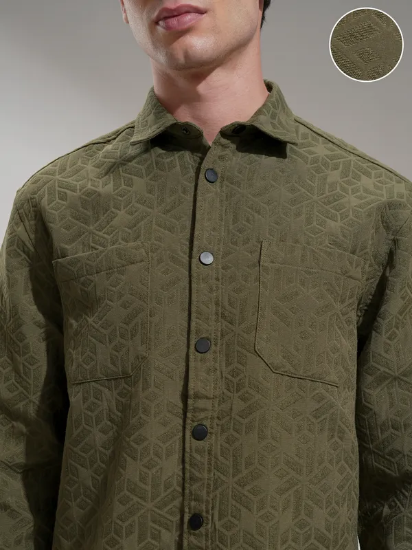 Highlander Men Olive Self Design Relaxed Fit Casual Shirt