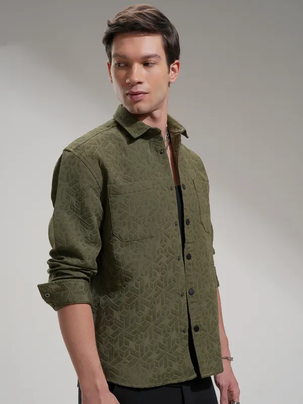 Highlander Men Olive Self Design Relaxed Fit Casual Shirt
