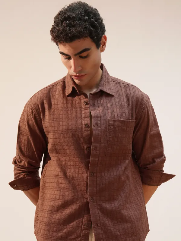 Highlander Men Brown Self Design Relaxed Fit Casual Shirt