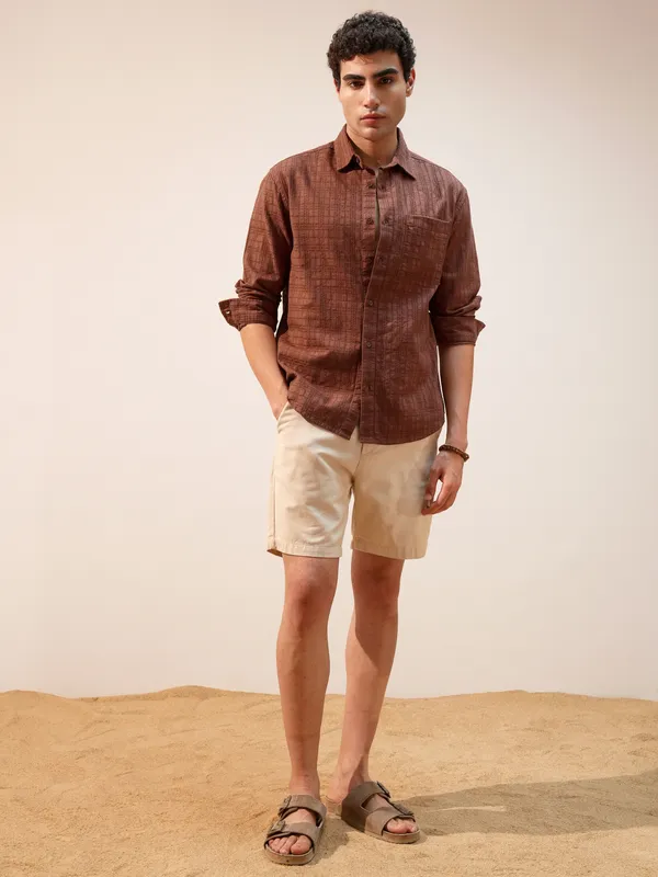 Highlander Men Brown Self Design Relaxed Fit Casual Shirt