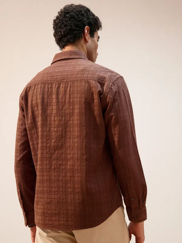 Highlander Men Brown Self Design Relaxed Fit Casual Shirt