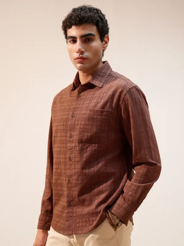 Highlander Men Brown Self Design Relaxed Fit Casual Shirt