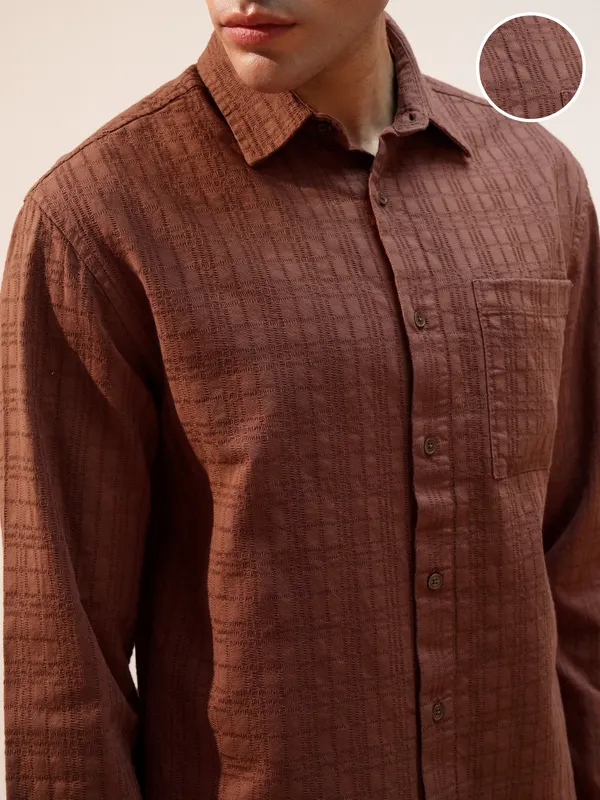Highlander Men Brown Self Design Relaxed Fit Casual Shirt