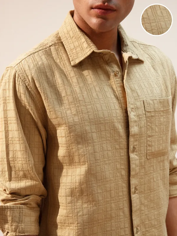 Highlander Men Beige Self Design Relaxed Fit Casual Shirt