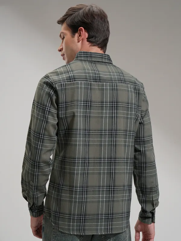 Highlander Men Olive Checked Slim Fit Casual Shirt