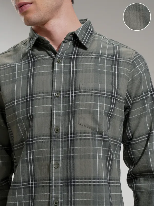 Highlander Men Olive Checked Slim Fit Casual Shirt