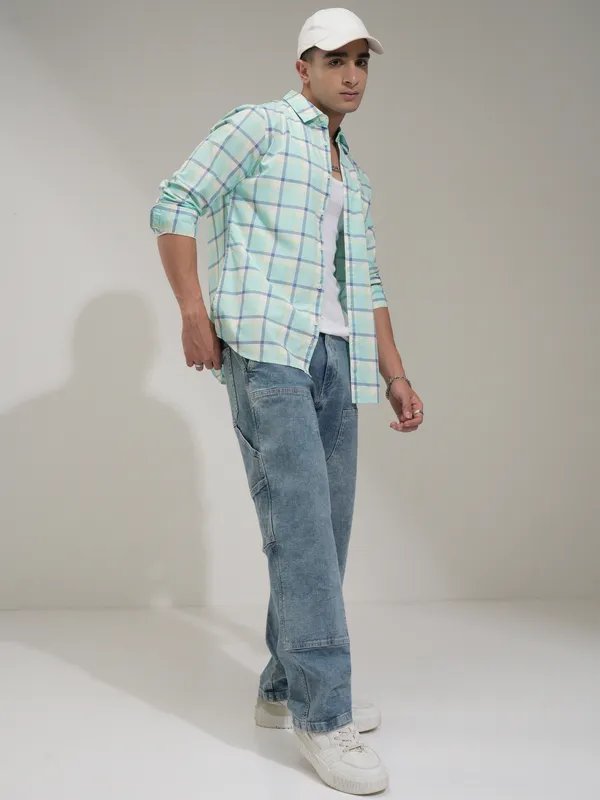 Highlander Men Teal Checked Slim Fit Casual Shirt