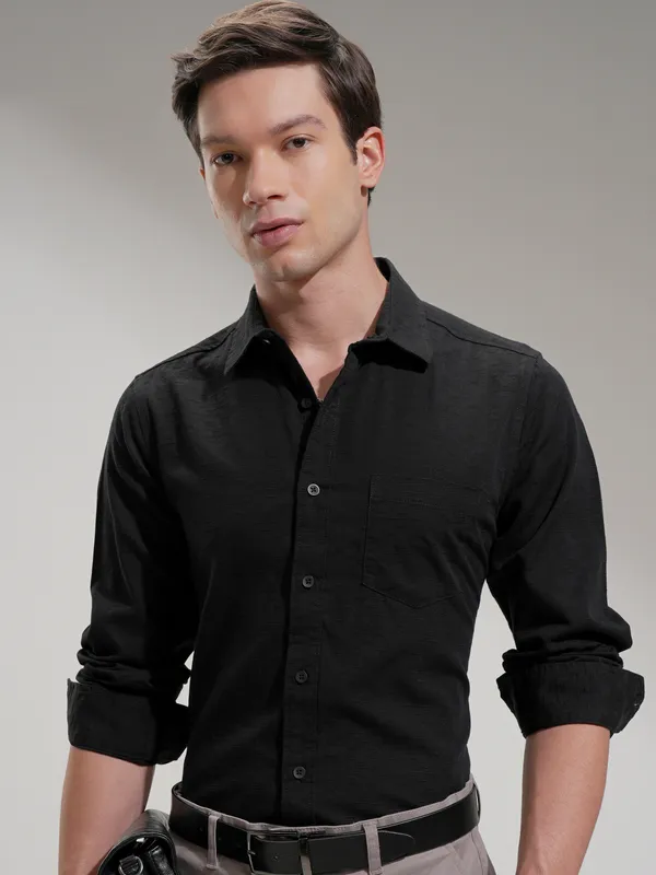 Highlander Men Black Self Design Slim Fit Casual Shirt