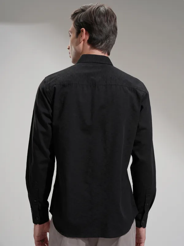 Highlander Men Black Self Design Slim Fit Casual Shirt