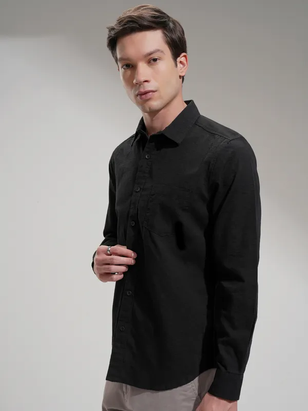 Highlander Men Black Self Design Slim Fit Casual Shirt