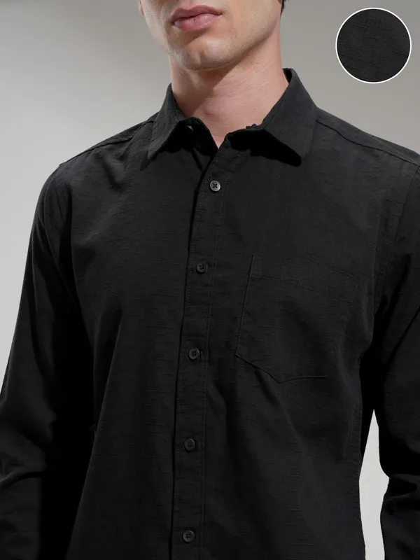 Highlander Men Black Self Design Slim Fit Casual Shirt