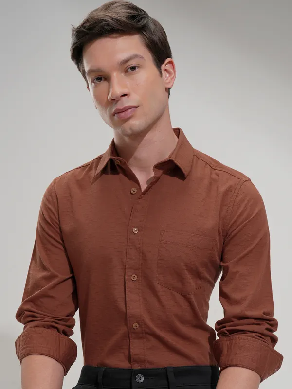 Highlander Men Rust Self Design Slim Fit Casual Shirt