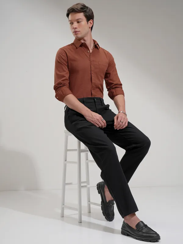 Highlander Men Rust Self Design Slim Fit Casual Shirt