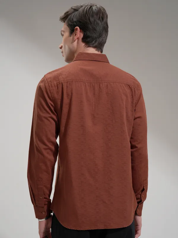 Highlander Men Rust Self Design Slim Fit Casual Shirt