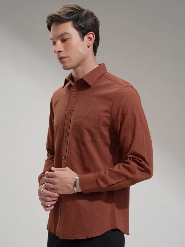 Highlander Men Rust Self Design Slim Fit Casual Shirt
