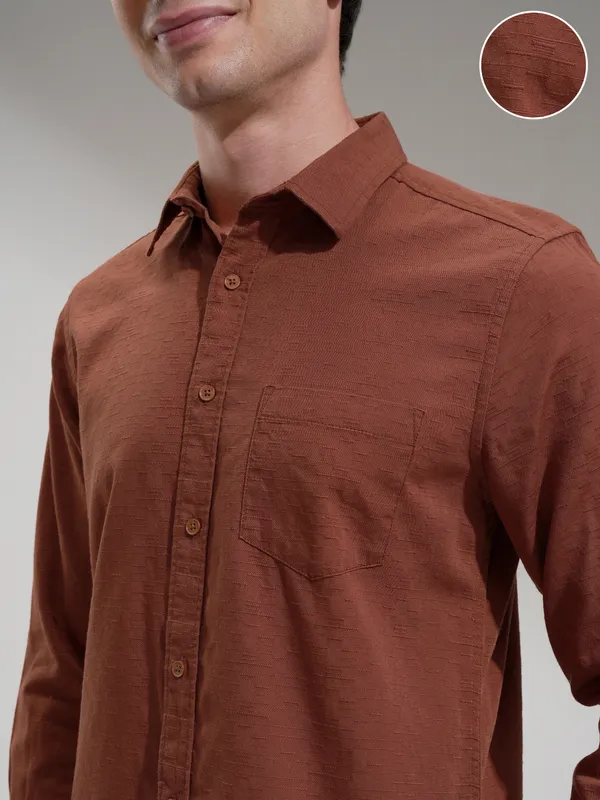 Highlander Men Rust Self Design Slim Fit Casual Shirt