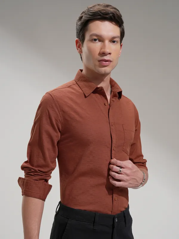 Highlander Men Rust Self Design Slim Fit Casual Shirt
