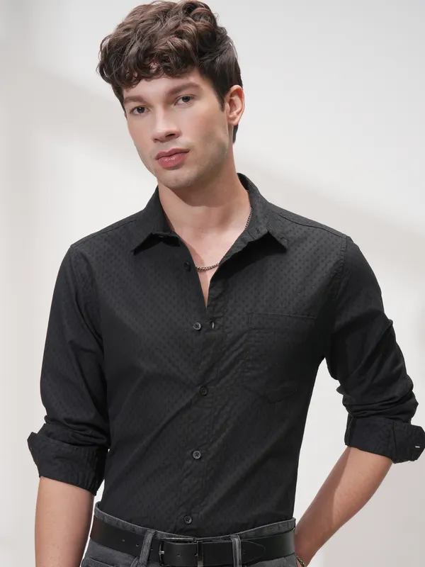 Highlander Men Black Self Design Slim Fit Casual Shirt