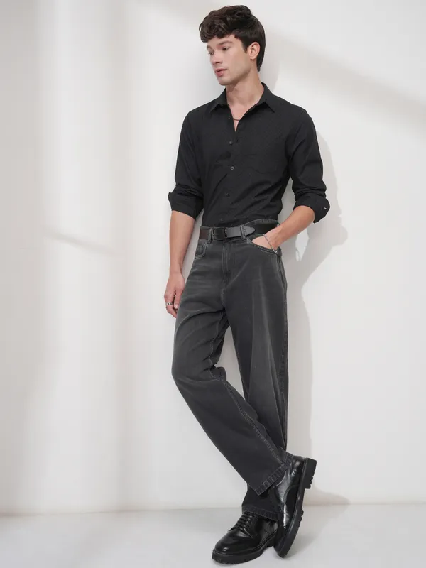 Highlander Men Black Self Design Slim Fit Casual Shirt