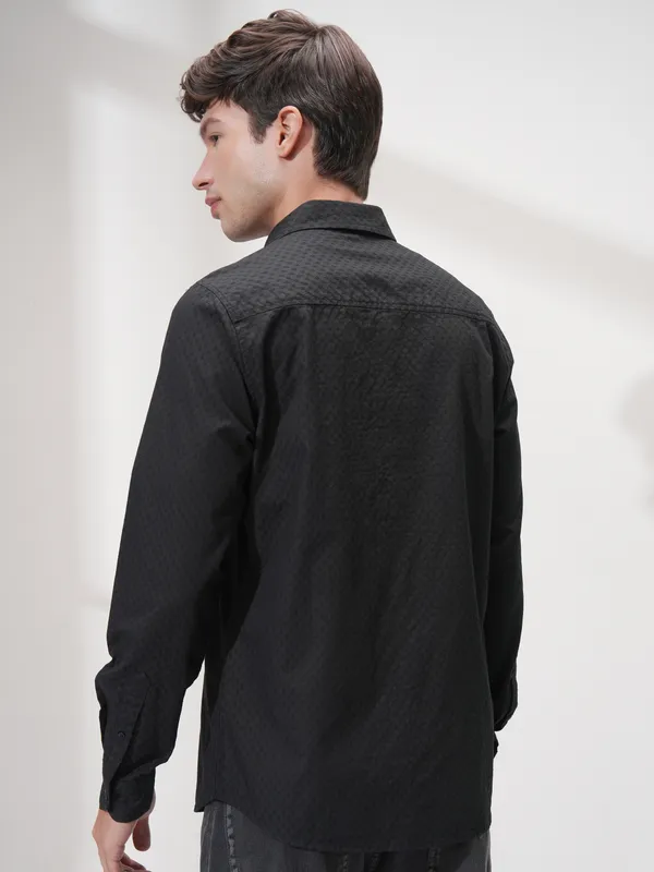 Highlander Men Black Self Design Slim Fit Casual Shirt