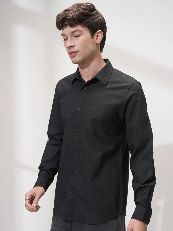 Highlander Men Black Self Design Slim Fit Casual Shirt