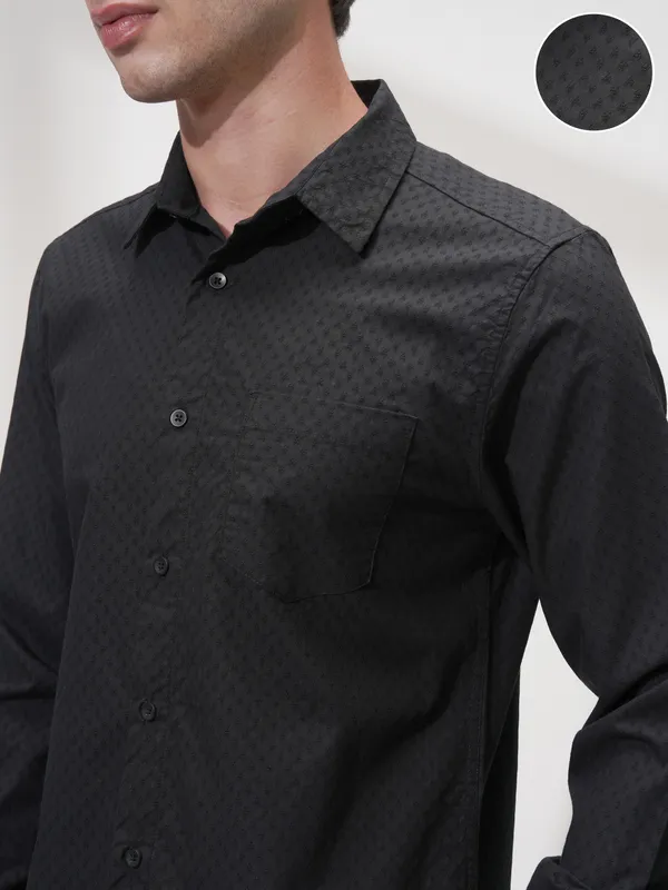 Highlander Men Black Self Design Slim Fit Casual Shirt