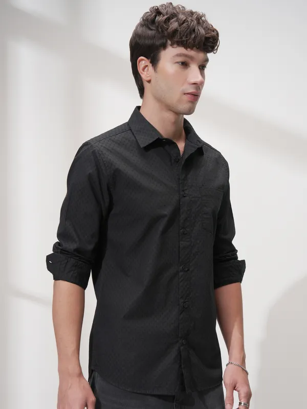 Highlander Men Black Self Design Slim Fit Casual Shirt