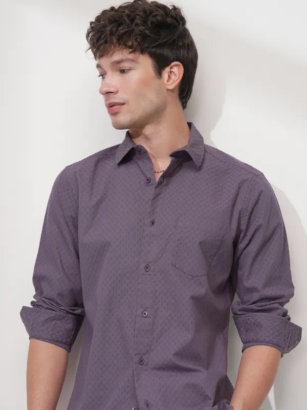 Highlander Men Purple Self Design Slim Fit Casual Shirt