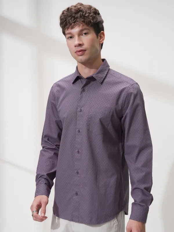 Highlander Men Purple Self Design Slim Fit Casual Shirt