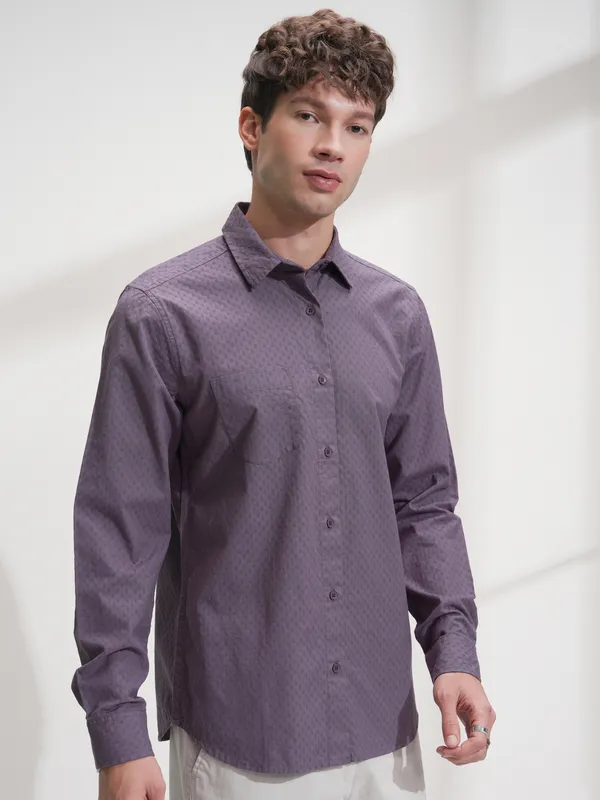 Highlander Men Purple Self Design Slim Fit Casual Shirt