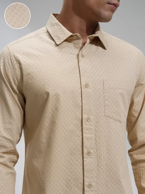 Highlander Men Beige Self Design Slim Fit Casual Shirt