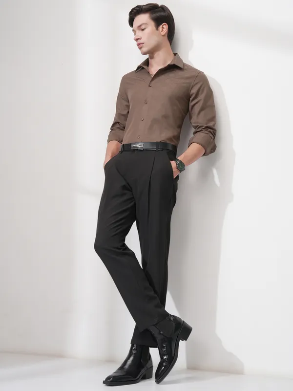Highlander Men Coffee Brown Self Design Slim Fit Casual Shirt