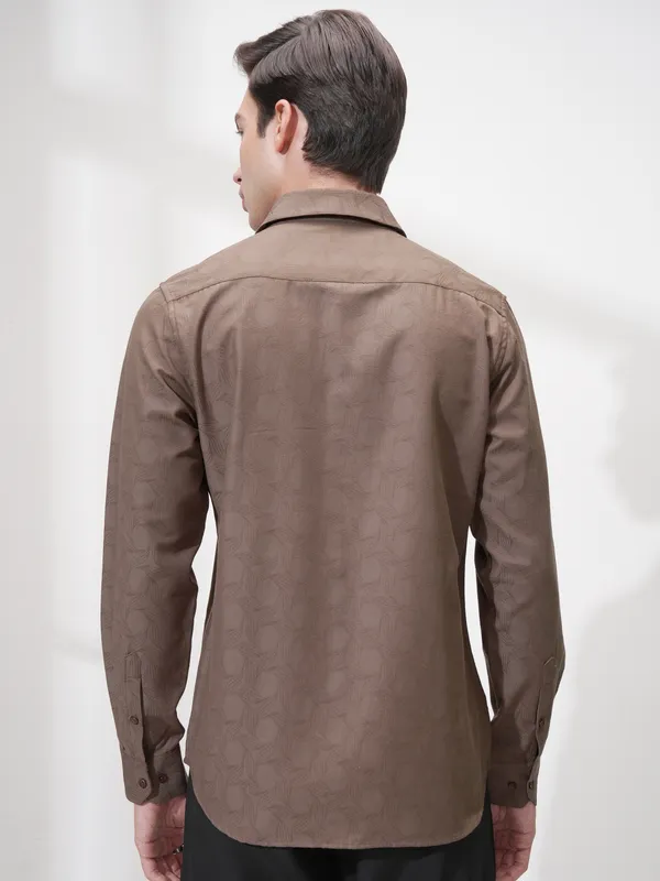 Highlander Men Coffee Brown Self Design Slim Fit Casual Shirt