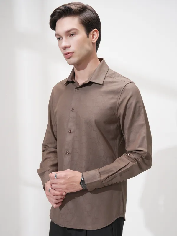 Highlander Men Coffee Brown Self Design Slim Fit Casual Shirt