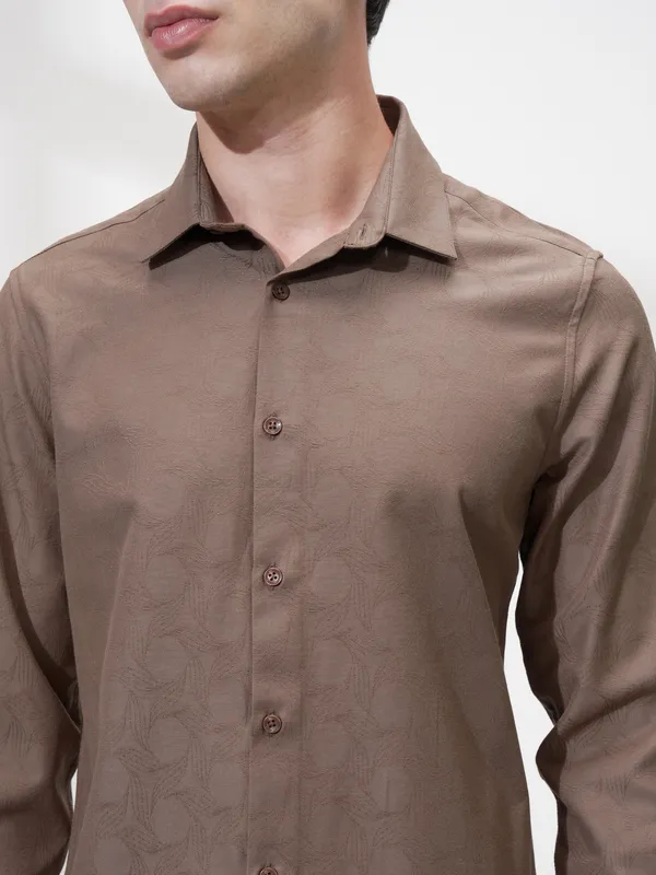 Highlander Men Coffee Brown Self Design Slim Fit Casual Shirt