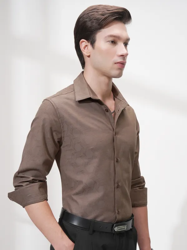 Highlander Men Coffee Brown Self Design Slim Fit Casual Shirt