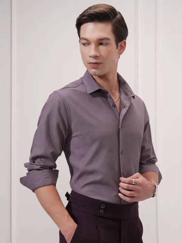 Highlander Men Purple Self Design Slim Fit Casual Shirt