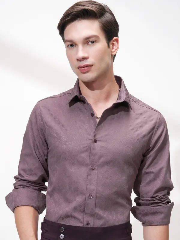 Highlander Men Purple Self Design Slim Fit Casual Shirt