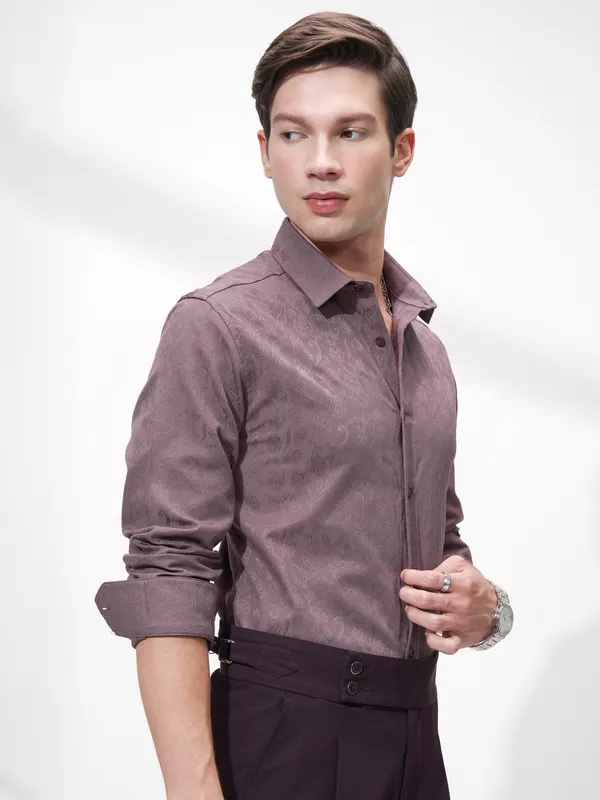 Highlander Men Purple Self Design Slim Fit Casual Shirt