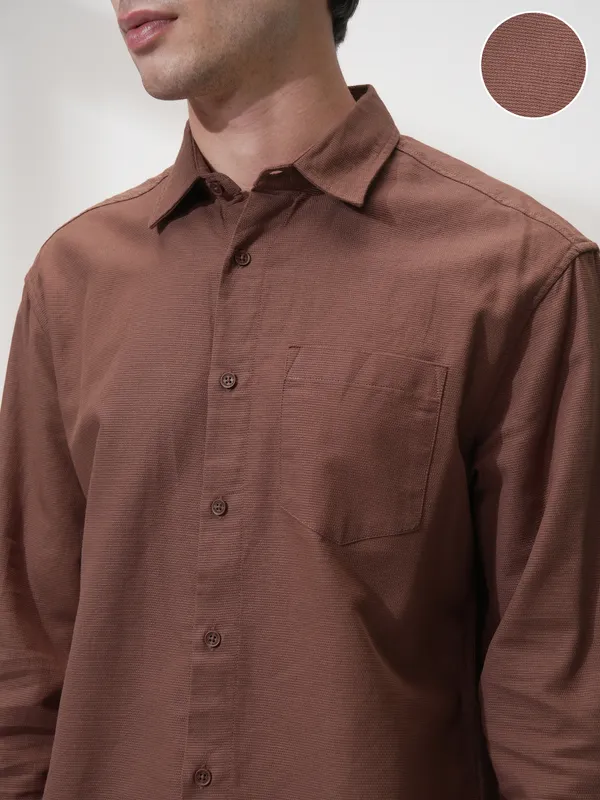 Highlander Men Brown Self Design Relaxed Fit Casual Shirt