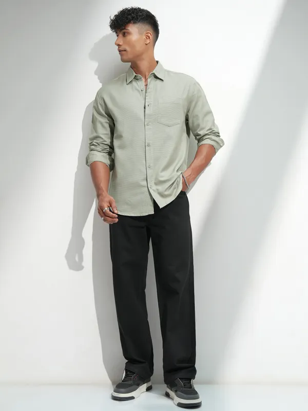 Highlander Men Olive Self Design Relaxed Fit Casual Shirt
