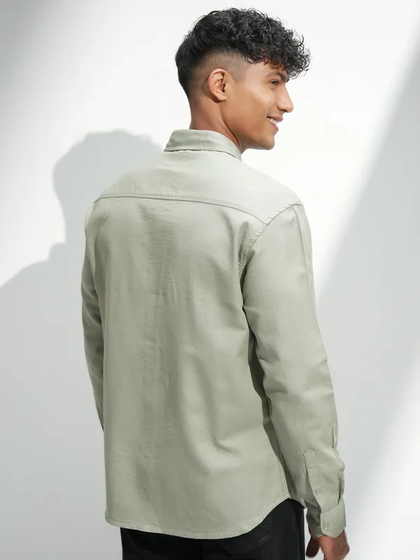 Highlander Men Olive Self Design Relaxed Fit Casual Shirt
