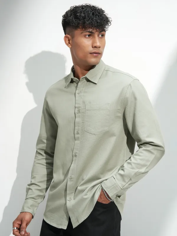 Highlander Men Olive Self Design Relaxed Fit Casual Shirt