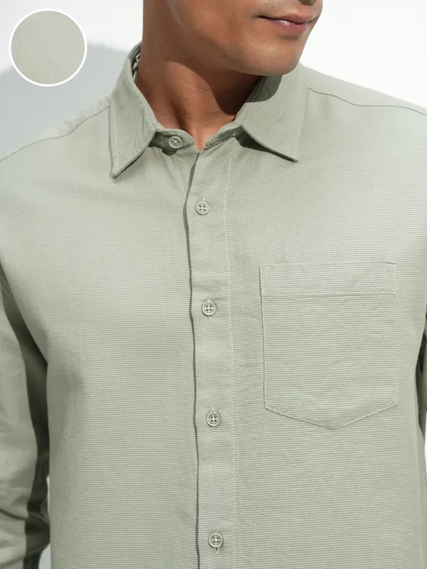 Highlander Men Olive Self Design Relaxed Fit Casual Shirt