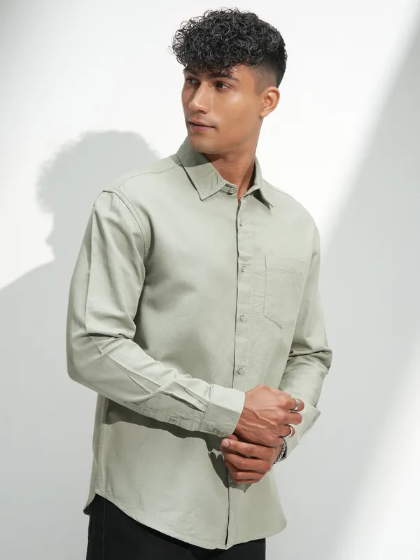 Highlander Men Olive Self Design Relaxed Fit Casual Shirt